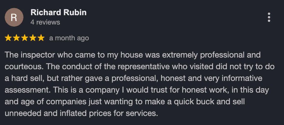 Review highlighting the professional, honest, and courteous services of a Connor’s Pest Pros inspector