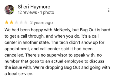 Screenshot of a customer’s 2-star rating for Bug Out Pest Control on Google Reviews.