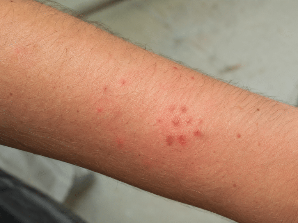 Close-up view showing chigger bites on a person’s arm. 