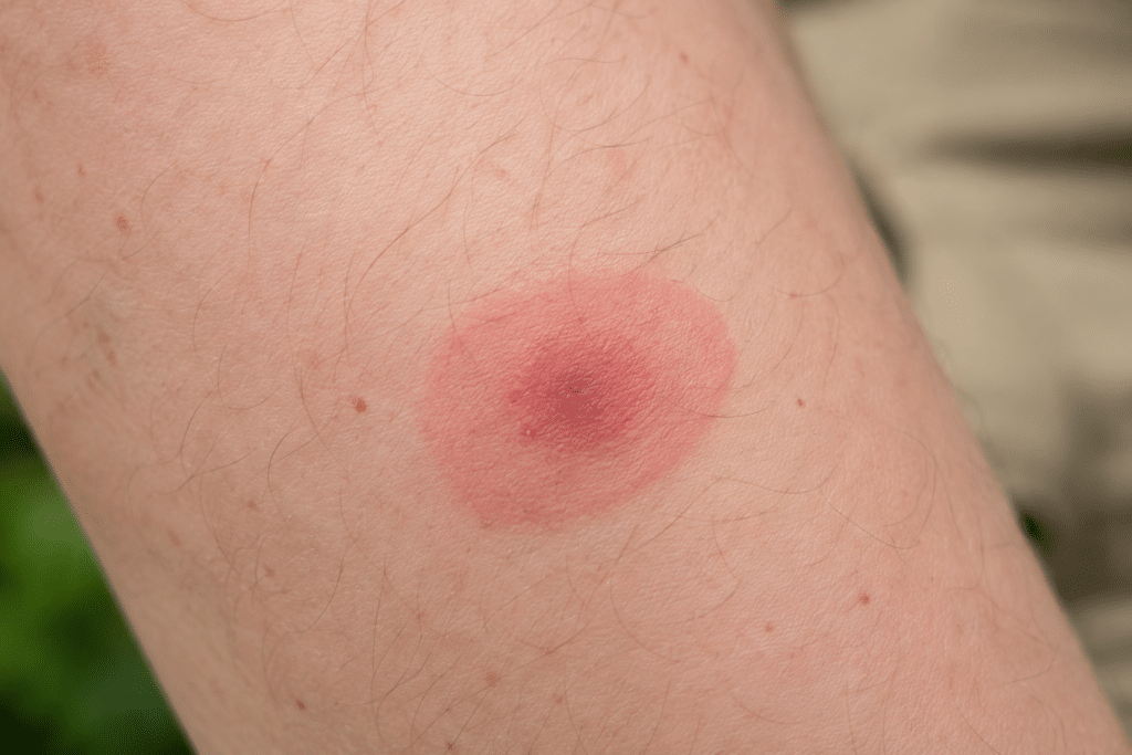 Close-up view of a person’s arm, showing a tick bite. 