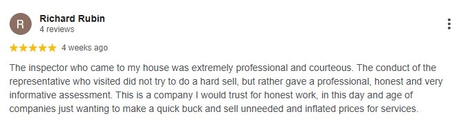 Five-star review from a customer praising an honest, no-pressure inspection and trustworthy service.