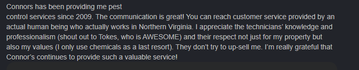 Customer review for Connor's Pest Pros.