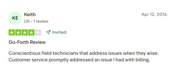 Four-star review from a customer commending Go-Forth's field technicians and responsive customer service.