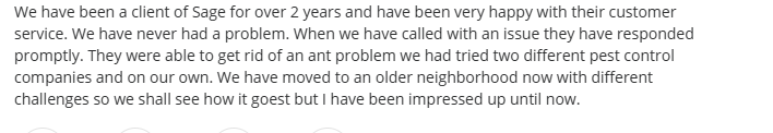 customer review for Sage Pest Control.