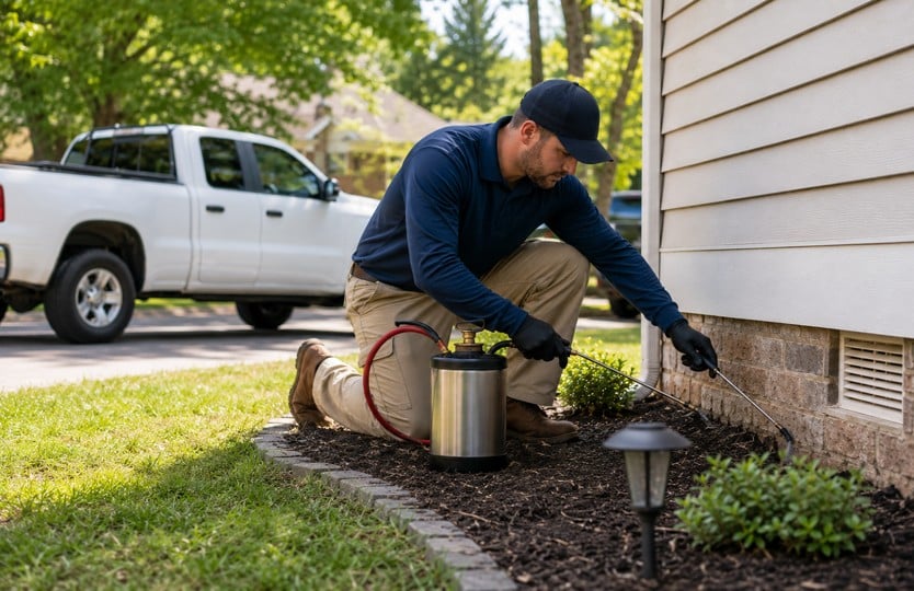 A pest control technician treating a house in Winston-Salem