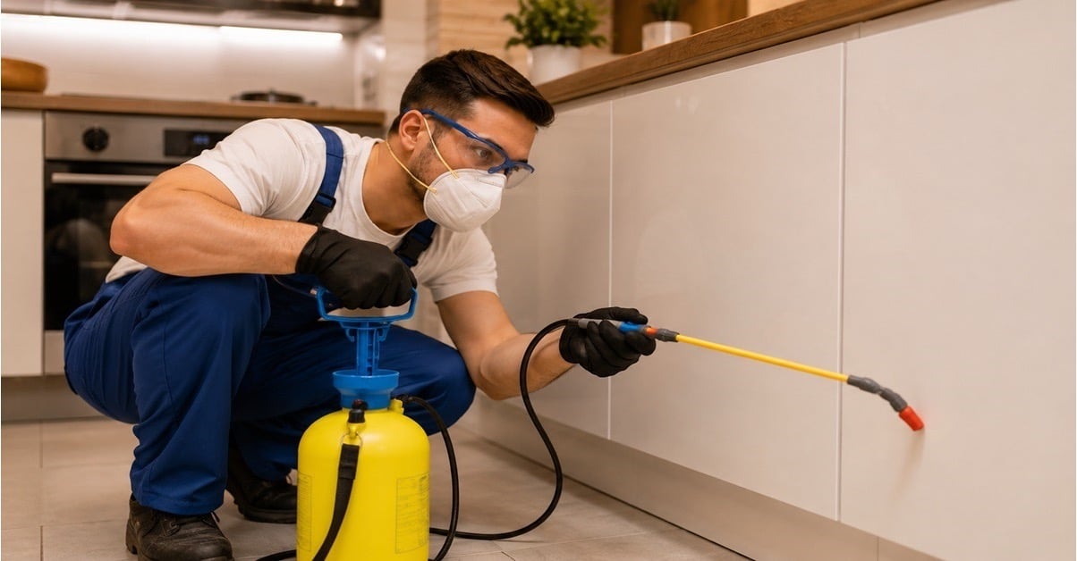 Archdale pest control technician wearing protective gear sprays along kitchen cabinet baseboards using a pump sprayer