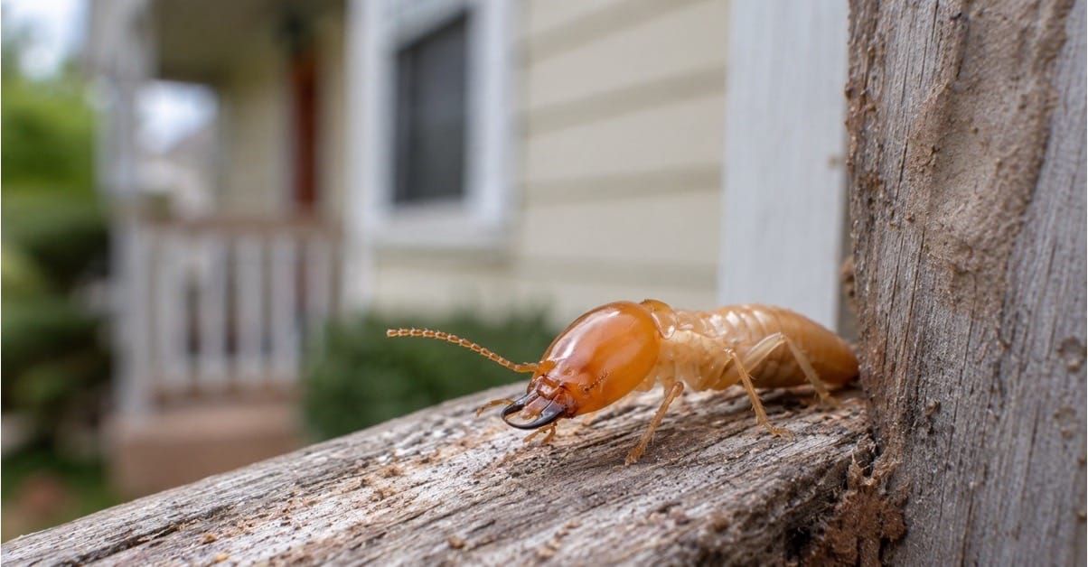 Close-up of a subterranean termite crawling on damaged wood near a home's exterior
