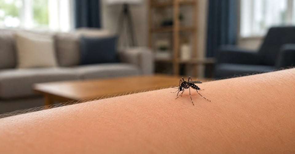 Close-up of an Asian tiger mosquito biting a person's arm inside a Winston-Salem home