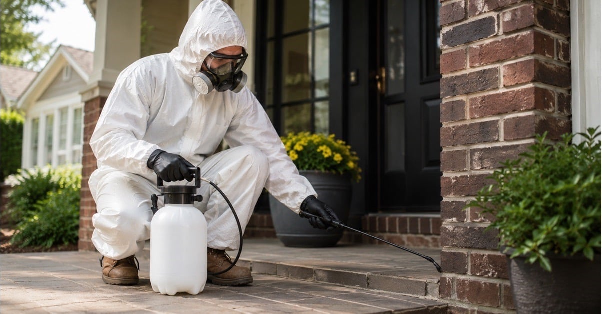 Pest control technician in protective gear applying treatment along the foundation of a Summerfield, NC home