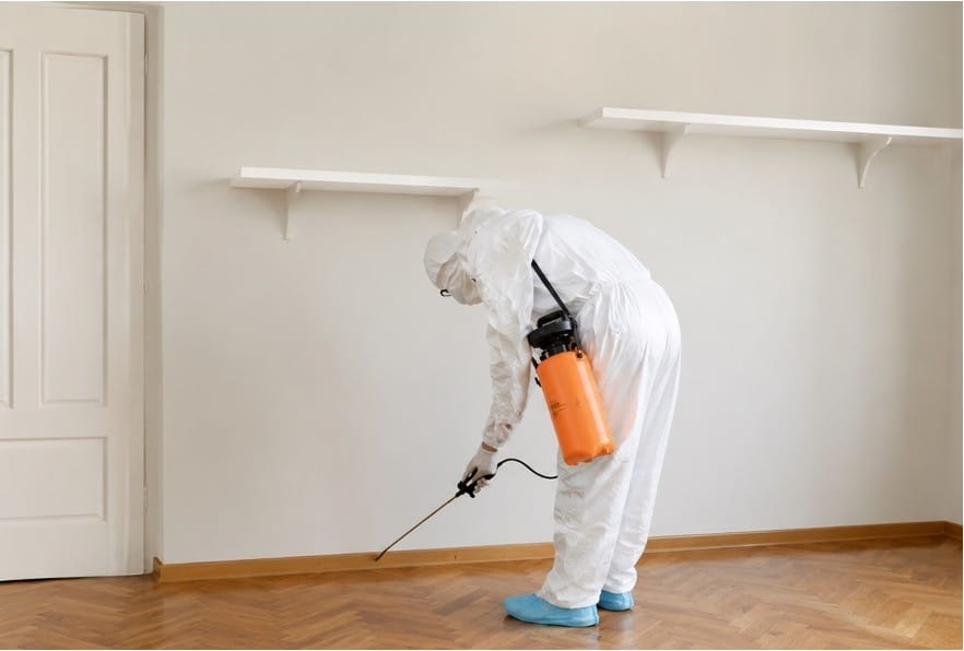 Pest control technician in protective gear spraying along baseboards in a Pleasant Garden home using a portable pump sprayer