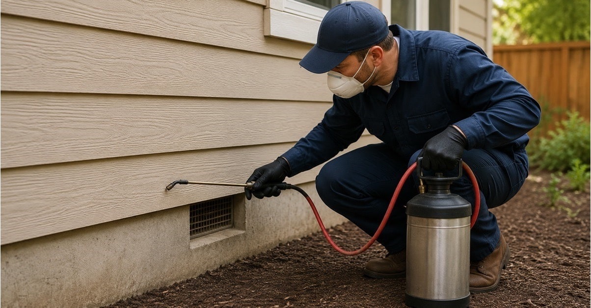 Pest control technician inspecting kitchen cabinets for household pests