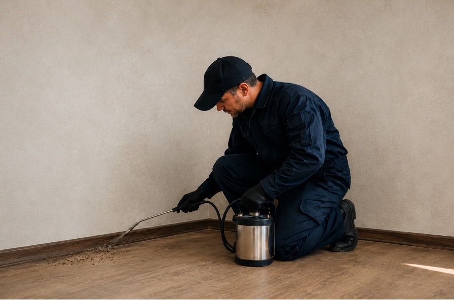 Pest control technician spraying along baseboards inside a residential home in Browns Summit