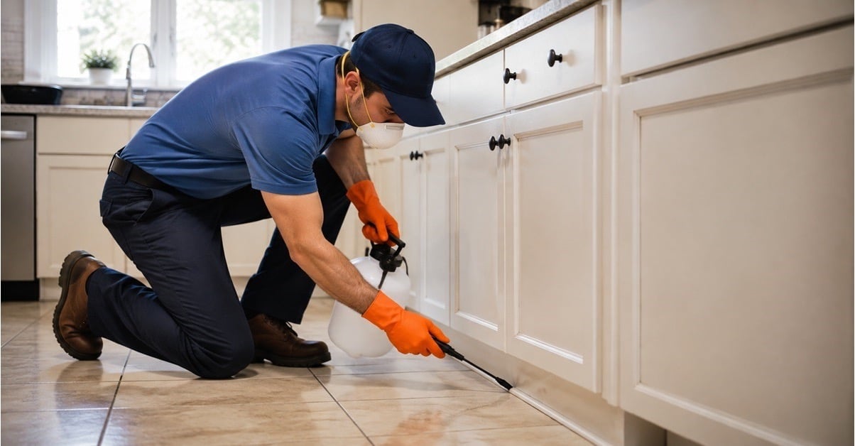 Pest control technician spraying along kitchen cabinets inside a Graham, NC home