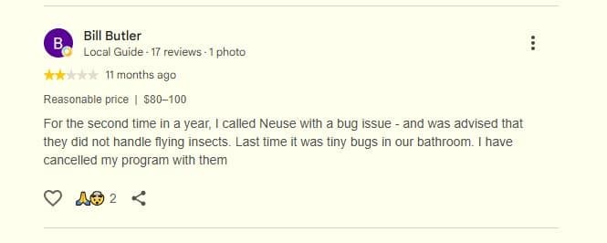 Two-star Google review stating Neuse did not handle flying insects and that he canceled his program.