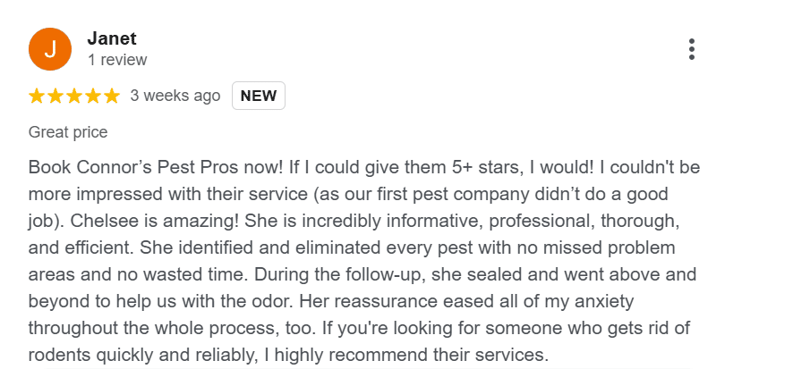 Five-star Google review for Connor's Pest Pros highlighting thorough pest identification and effective rodent removal.