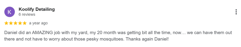Five-star Google review describing a significant reduction in mosquito activity after 1 Pest Solution LLC treated the reviewer's yard.