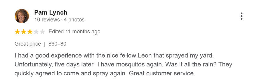 Three-star Google review describing a positive experience with a Mosquito Squad technician.