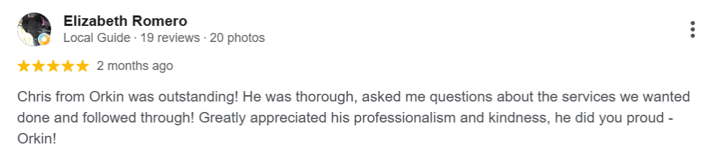 Google review praising an Orkin technician for thoroughness, professionalism, and reliable follow-through.