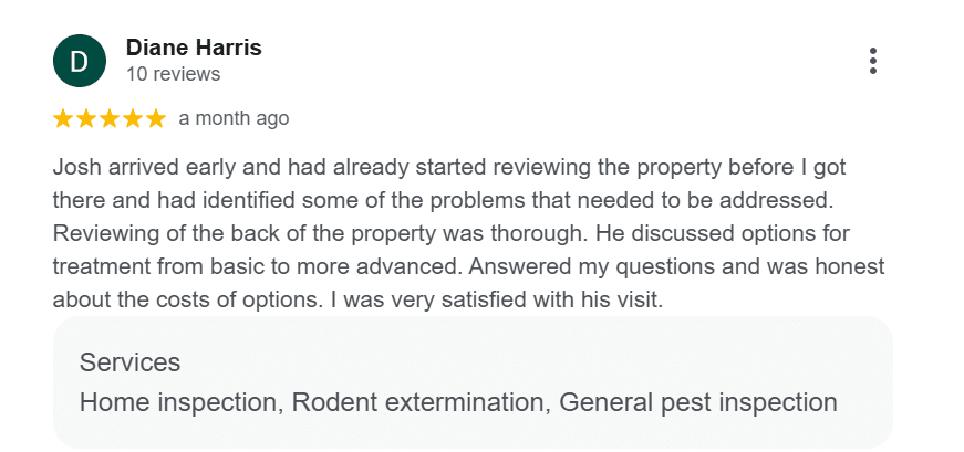 Google review describing a Connor's Pest Pros rodent inspection with thorough property review and transparent cost breakdown.