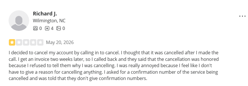 Yelp review for Bug Out pest control describing difficulties with account cancellation and billing.