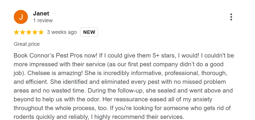 Five-star Google review for Connor's Pest Pros praising thorough pest identification and professional follow-up service.