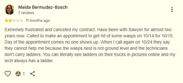 Two-star customer review noting canceled contract due to service unavailability from Sawyer Exterminating.