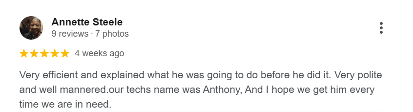  Five-star Google review for Orkin Winston-Salem praising technician efficiency and clear communication before treatment.