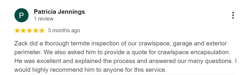 Google review praising a PMi technician for a thorough termite inspection of her crawlspace, garage, and exterior perimeter.