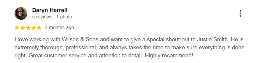 Google review praising Wilson & Sons Termite & Pest Control for thorough service.