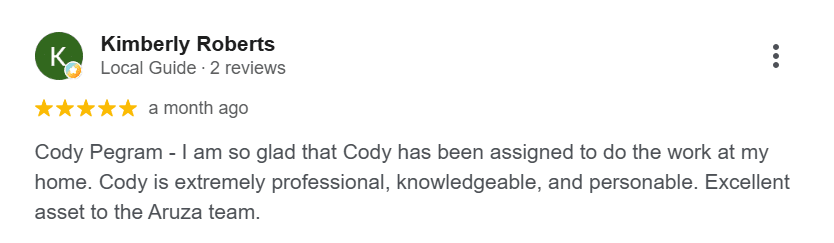 Google review praising an Aruza Pest Control technician for professionalism and personable service.