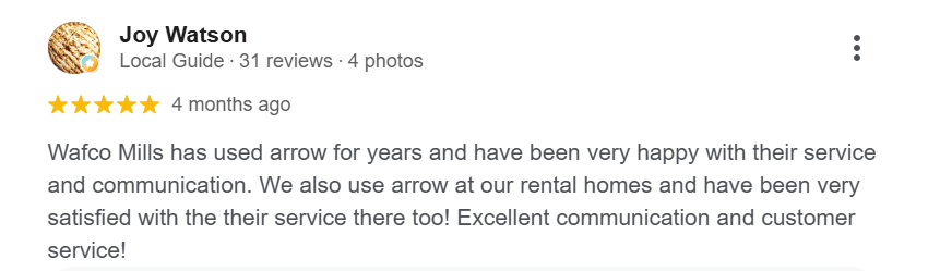 Google review describing years of reliable service from Arrow Exterminators.