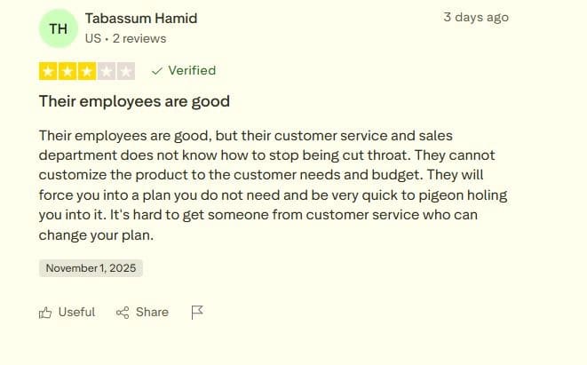 Two-star Trustpilot review highlighting aggressive sales tactics from Aptive Pest Control.