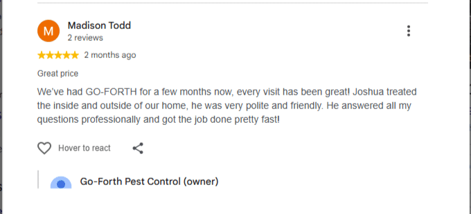 Five-star  Google review for Go-Forth Home Services.