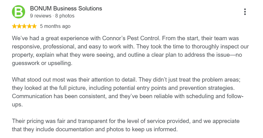 Customer review praising Connor's Pest Pros for thorough inspections, clear communication, and transparent pricing