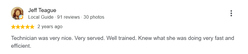 Customer review praising a Terminix Triad technician for being well trained and efficient.