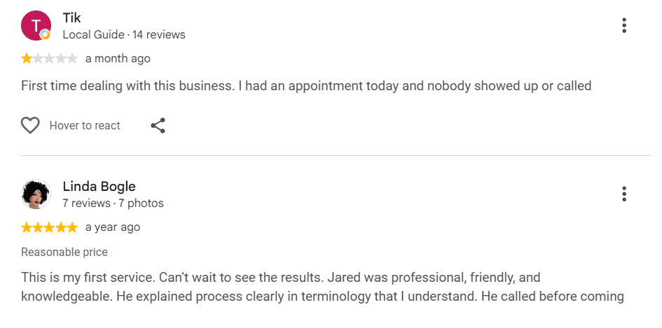 Two reviews for Hawx Pest Control showing contrasting experiences: a one-star review about a missed appointment and a five-star review praising a knowledgeable technician.