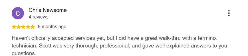 A customer praising a Terminix Triad technician for being thorough and professional.