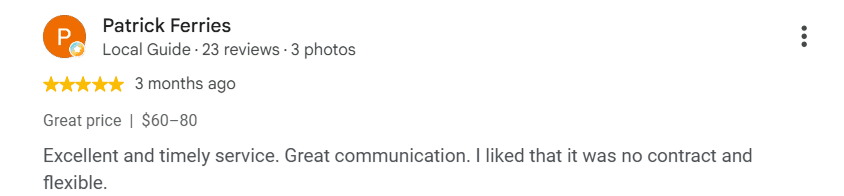 Customer review praising Mosquito Joe for a flexible, no-contract arrangement.