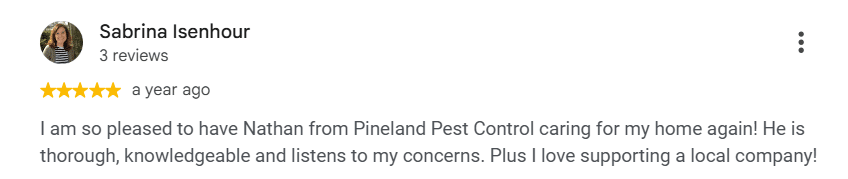Customer review praising a Pineland Pest Control technician for being thorough and attentive to customer concerns.