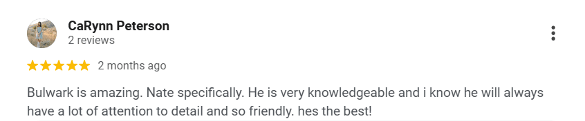 Google review praising a Bulwark Exterminating technician for a friendly service.