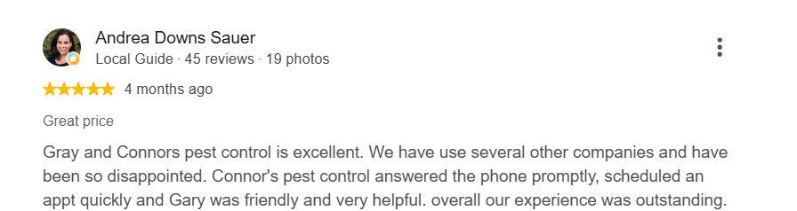Five-star customer review describing an excellent experience with Connor's Pest Pros.