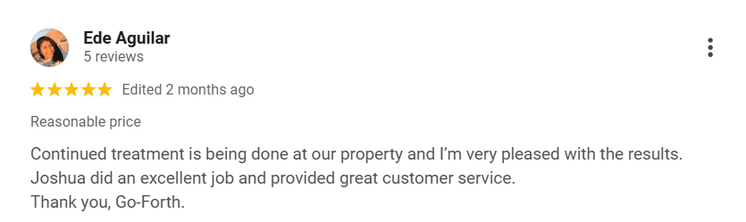 Google review praising Go-Forth Home Services for effective continued pest treatment.