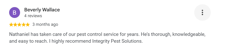 Customer review from an Integrity Pest Solutions customer praising their technician for being thorough.