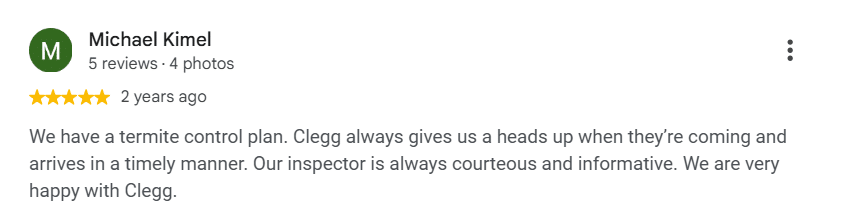 Customer review praising Clegg's for advance scheduling notice and timely service.