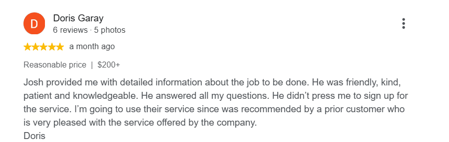 Five-star customer review describing a Connor's Pest Pros technician who provided detailed information