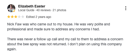 Screenshot of a customer’s 3-star review for Pest-X Exterminating. 