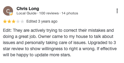 Screenshot of a customer’s 3-star review for ClearDefense Pest Control. 