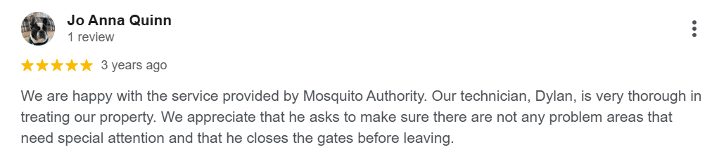 Five-star Google review praising Mosquito Authority for thorough mosquito treatment.