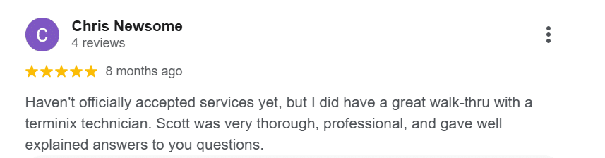 Five-star Google review for Terminix Triad praising a thorough walkthrough and clear explanations from the technician.