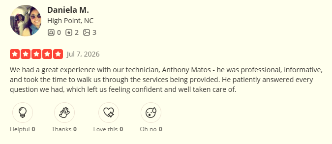 A 5-star Yelp review praising Go-Forth technician Anthony Matos for patient, informative service.